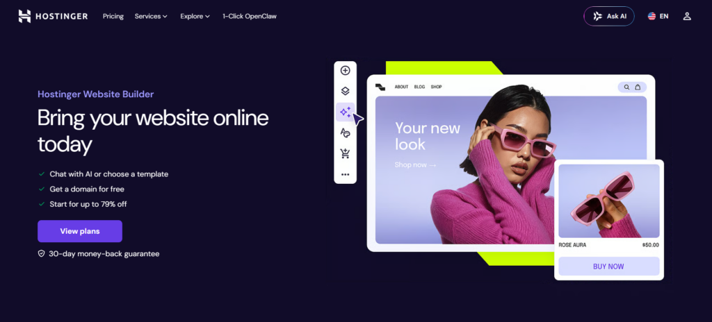 Website builder showing online store template